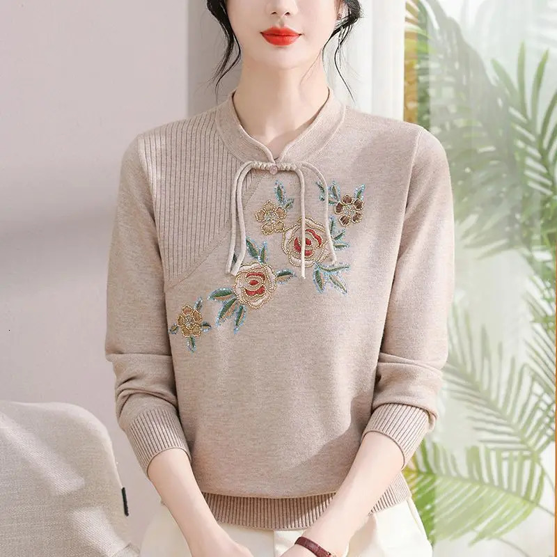 Women Clothing Y2k Chic Vintage Embroidery Pullovers Temperament Elegant Chinese Style Sweaters Autumn Loose Knit Tops 241225