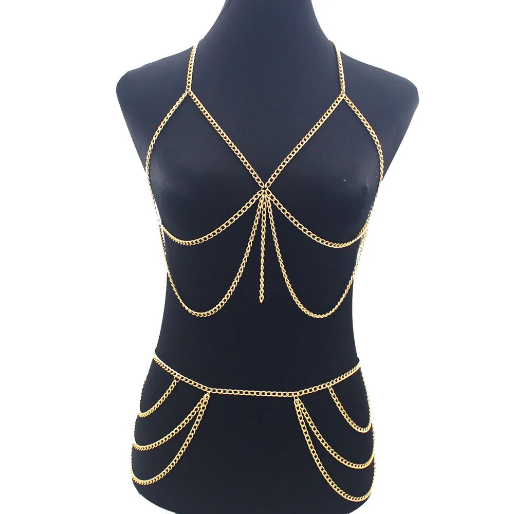 Fashion Simple Metal Bra and Waist Chain Set Lingerie Womens Decorations Underwear Festival Bodies Chain Jewelry Harness 241225