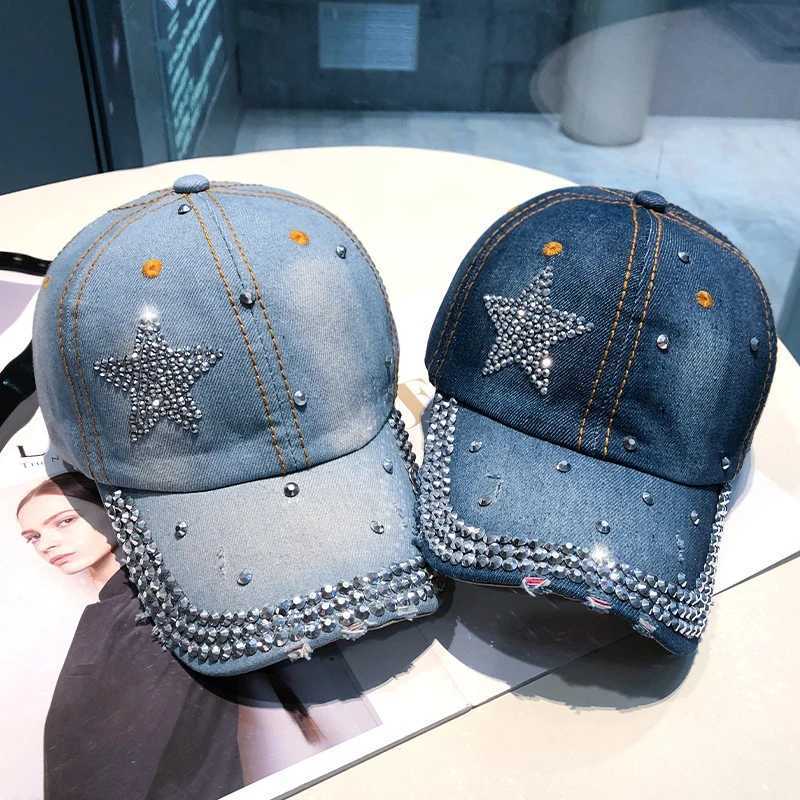 Shining rhinestone womens baseball cap punk pentagram pea cap hip-hop duck tongue cap blue denim duckbill cap pad W241225