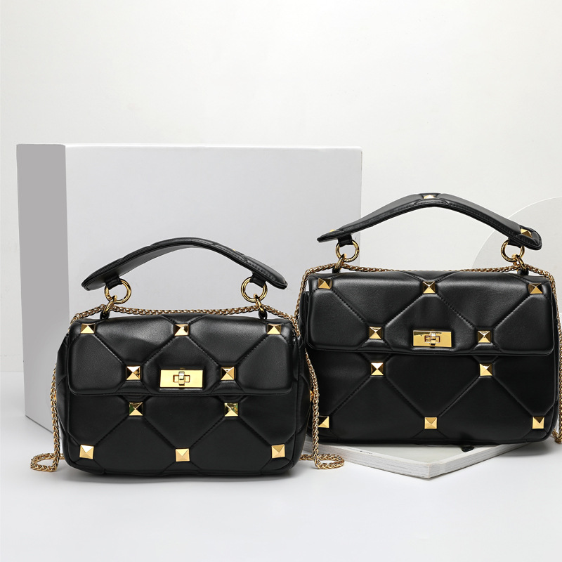 New women's bag Napa sheepskin retro handbag with diamond grid chain and large rivet bag temperament, crossbody shoulder bag