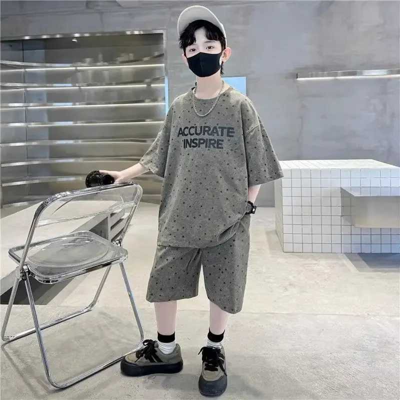Clothing Sets Summer Fashion Children Boy Clothes Set Teenage Letter Printed T-shirts and Shorts 2 Pieces Suit Short Sleeve Top Bottom OutfitsY241225C