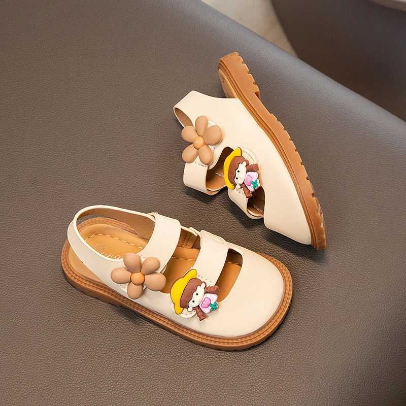 Athletic Outdoor Girls Sandals Summer New Beige Flower Little Girl Shoes Rose Red Soft Bottom Anti-slip Kids Baby Half Sandals Girls Shoes H241223