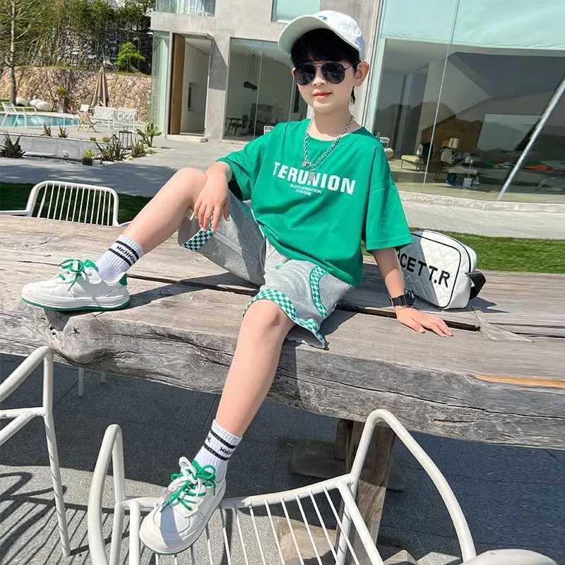 Clothing Sets Summer boys cotton letter cartoon T-shirt top+patch work flat pants set school childrens track and field clothes childrens 2PCS set 5-14