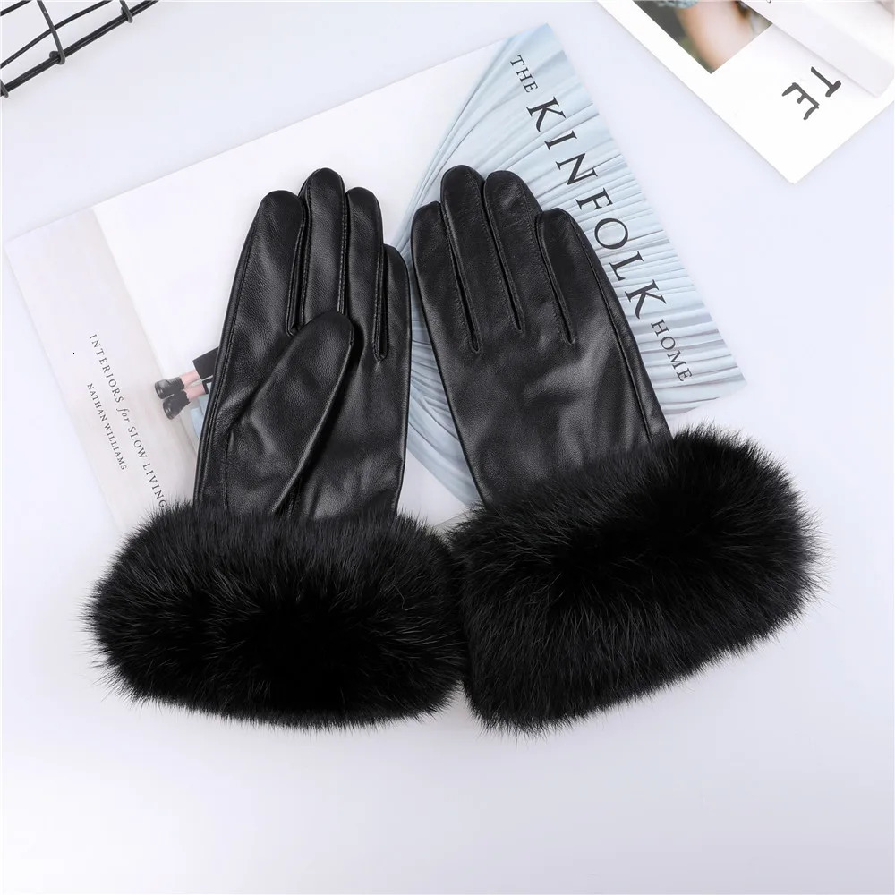 Arrival Wholesale Womens Real Sheepskin Leather Gloves With Rabbit Fur Cuffs Female Cycling Warm gloves Fleece Lining 241225