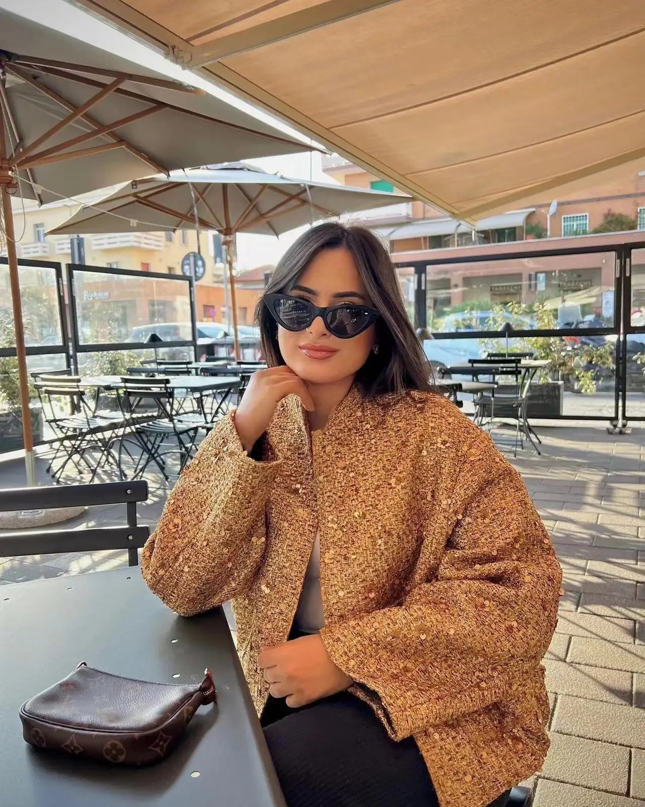 Womens Sequined Bomber Jacket Fall Round Neck Long Sleeve Pocket Stretch Hem Sequins Jacket Coat Female Chic Outerwear 241223