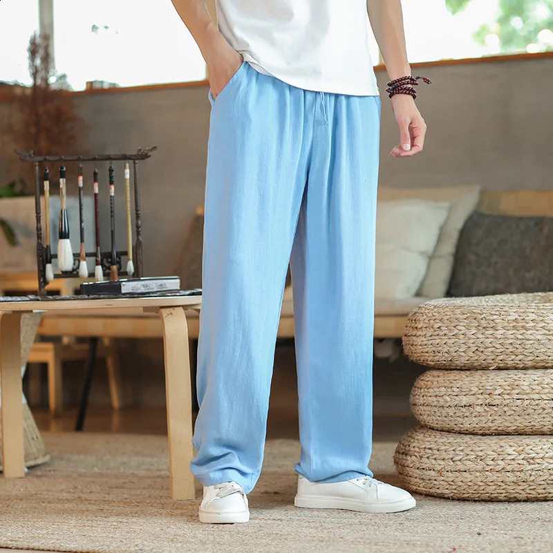 Chinese style linen mens loose cotton linen straight leg pants mens linen casual pants 241219