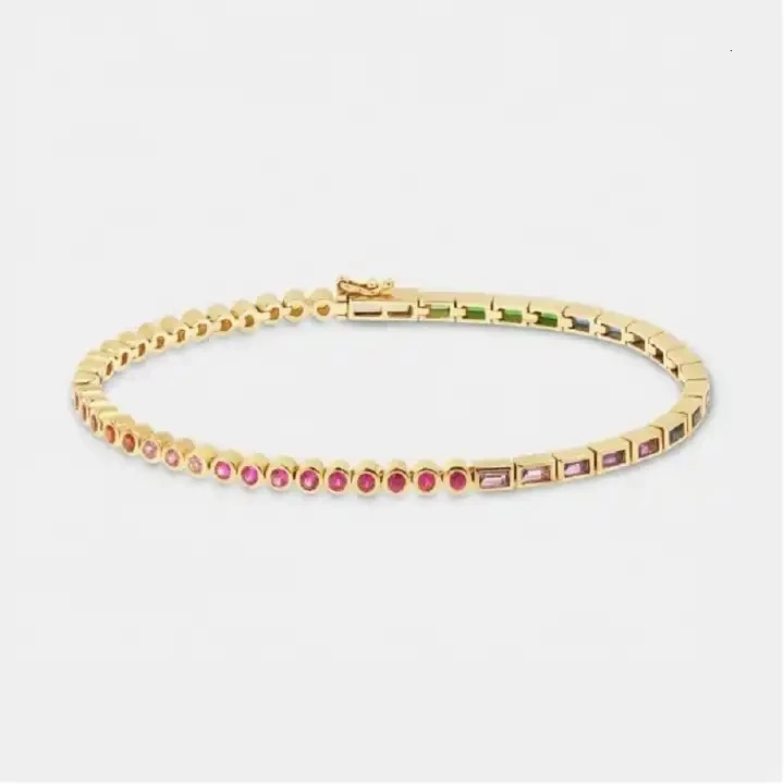 Promotion Iced Out Bling Women Girl Jewelry Geometric Rectangle Round 5A Cubic Zirconia Colorful CZ Tennis Chain Bracelet Bangle 241225