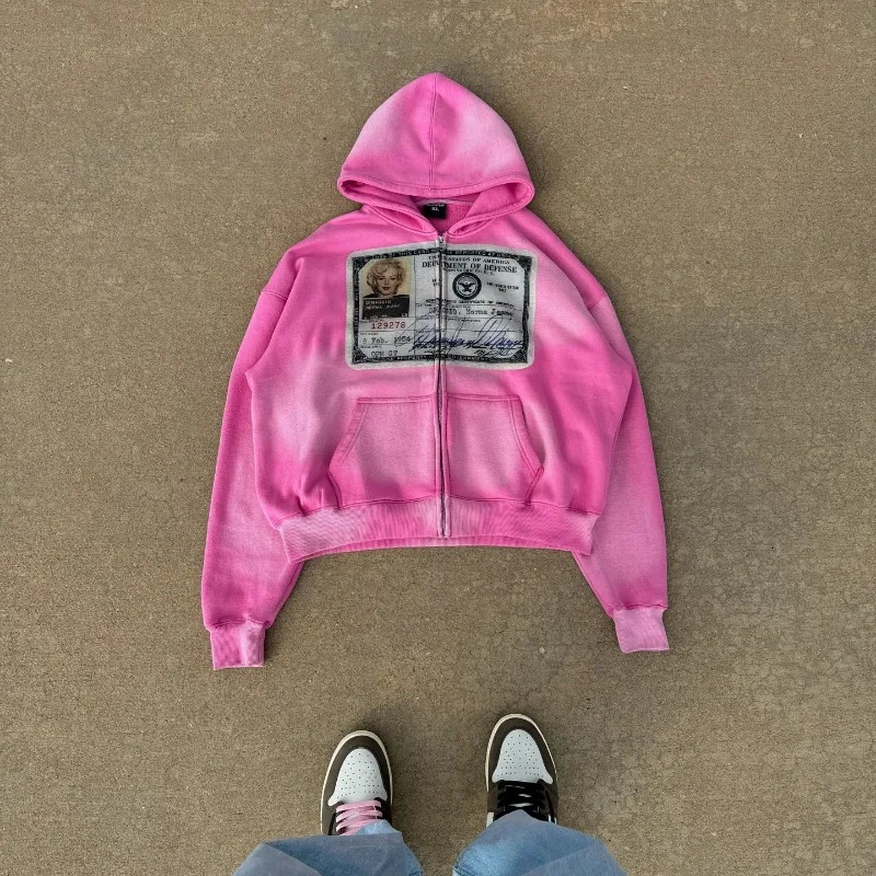 American hip Hop vintage print hoodie Jacket for men Y2k Goth Harajuku Street zipper hoodie fashion couple oversized sweatshirt 241224