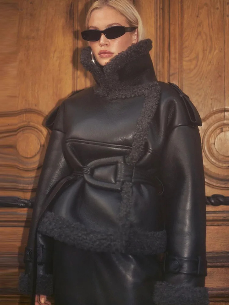 Fashion Retro Black Leather Womens Jacket Winter Plush Lining Warm Thicken Jackets Casual Turndown Collar Women Outerwears 241217