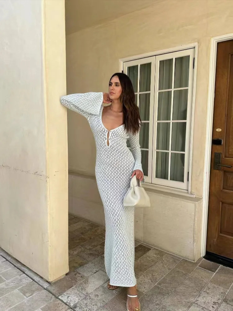 Solid Sey Women Long Knit Beach Dress Hollow-Out Deep V-Neck Long Sleeve Bikini Cover-Ups Dress Fall Backless Holiday Dress 241217