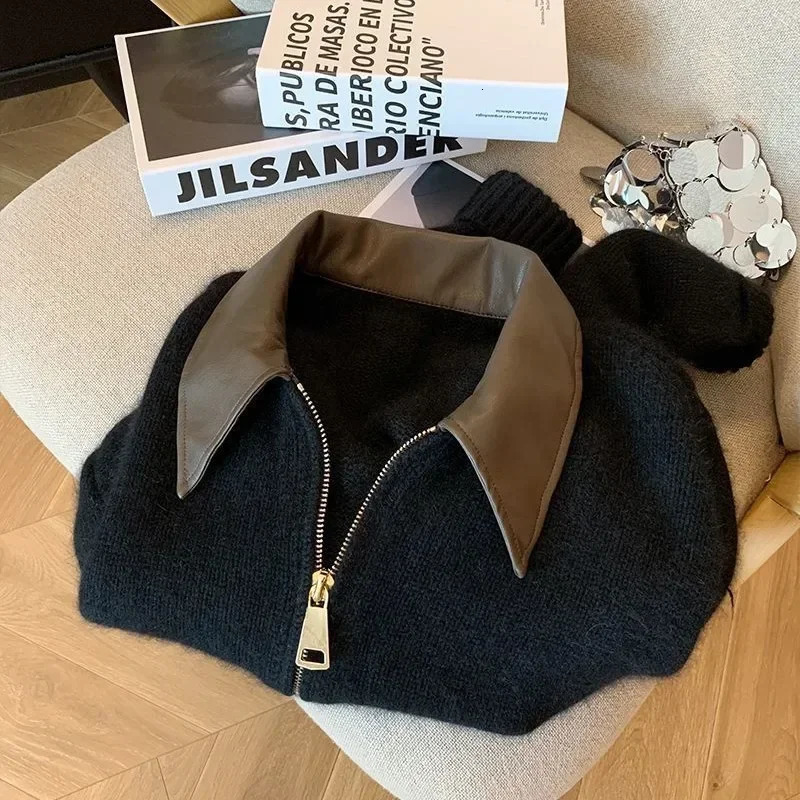 Full Sleeve Solid Women Turn Down Collar Loose Casual Knitted Coats Zipper Autumn Winter 2024 Regular Splice Sweaters Cardigan 241225
