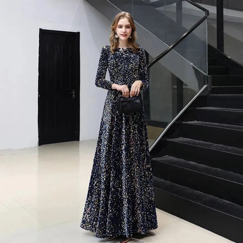 Customized Long Sleeves Prom Dresses Elegant O-Neck Floor-length Sequin Women Formal Gown Plus Size For Evening Party Dress 241223