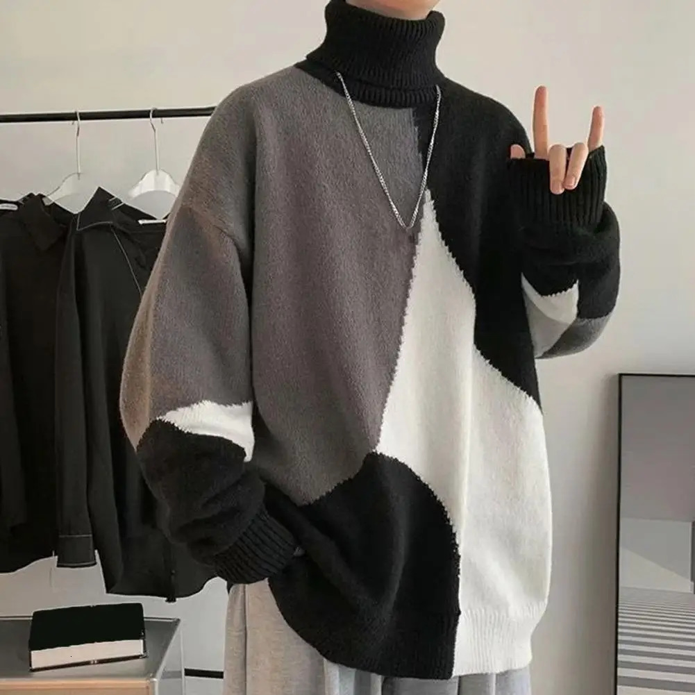 High Collar Sweater Colorblock Knitted Turtleneck Mens with Neck Soft Warmth Elastic Mid Length 241225