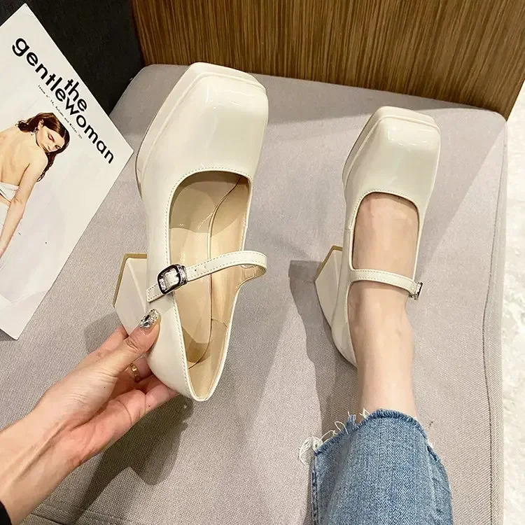Platform Pumps Womens Square Toe Thick Heels Mary Janes Womens Patent High Heels Party Shoes Square Toe Square Heel 241225