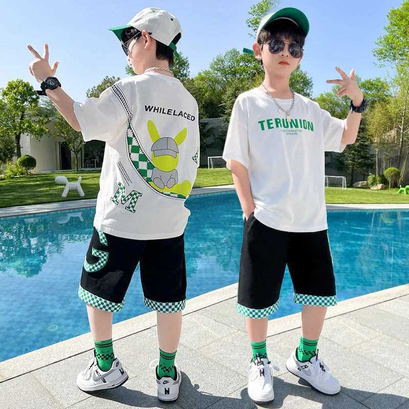 Clothing Sets Summer boys cotton letter cartoon T-shirt top+patch work flat pants set school childrens track and field clothes childrens 2PCS set 5-14