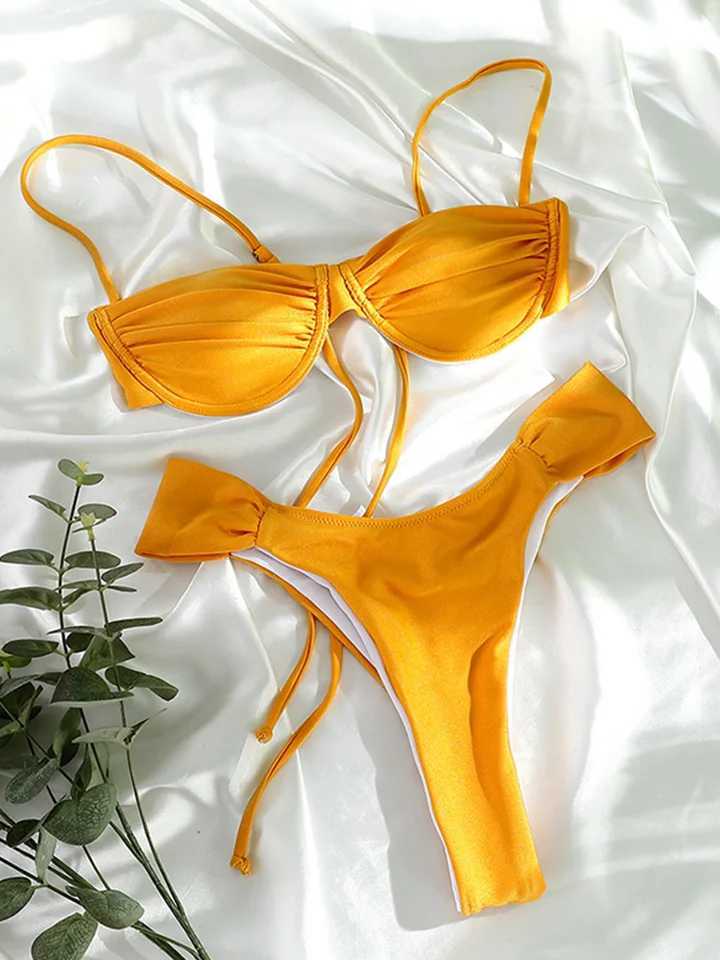 Rinabe Solid bikini push up swimsuit 2024 womens swimsuit bead bikini set mini thong Brazilian Biquini summer swimsuitW241225