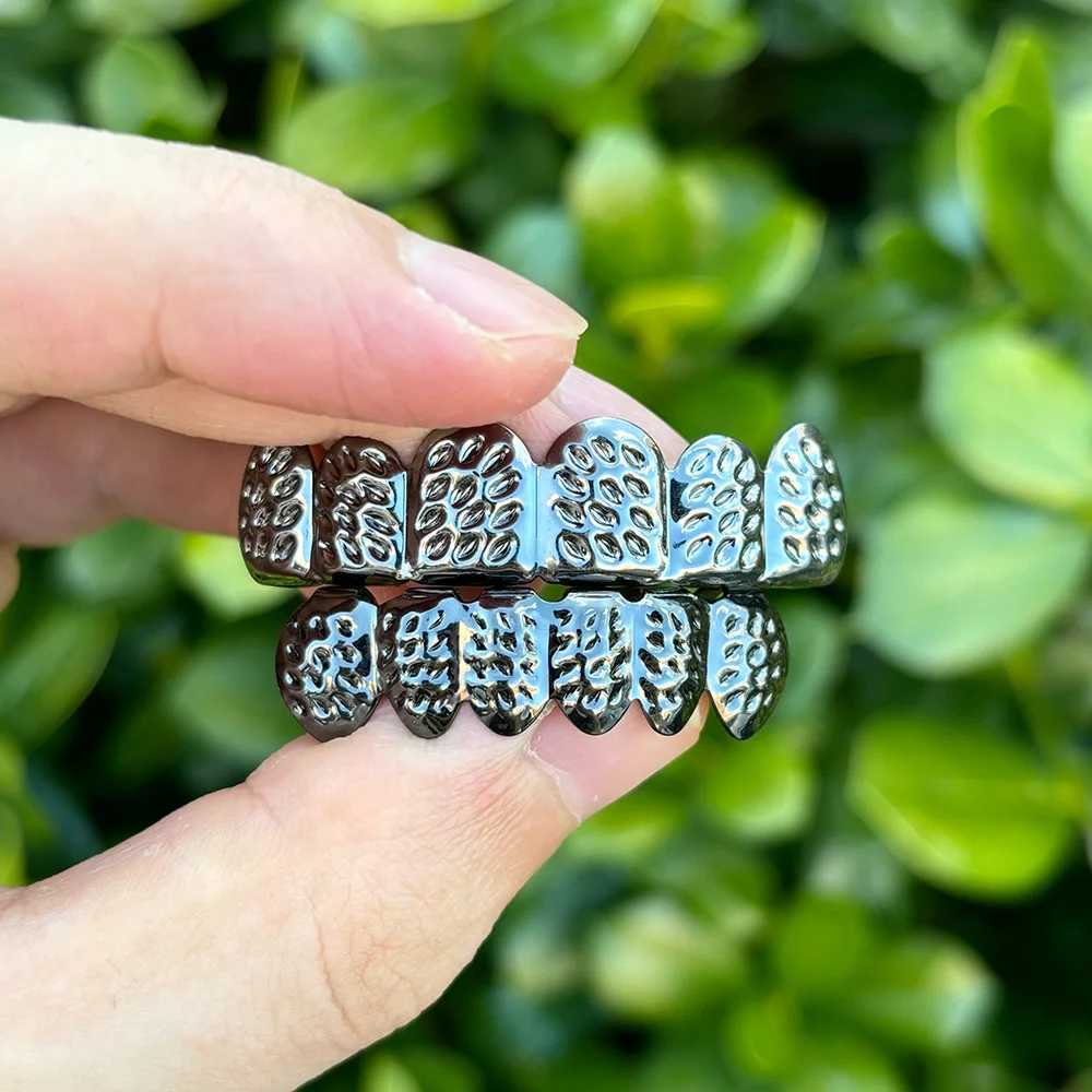 RACHELZ Hip Hop 6/6 Diagonal Grid Pattern Teeth Grillz Top Bottom Fashion Black Tooth Cs For Women Men Punk JewelryXJ241225