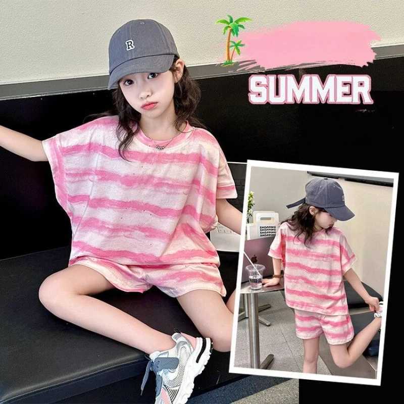 Clothing Sets Summer Baby Girls Clothes Set Pink Stripe Short Sleeve T-shirts and Shorts 2pcs Suit Children Fashion Top Bottom OutfitsY241225ITQN