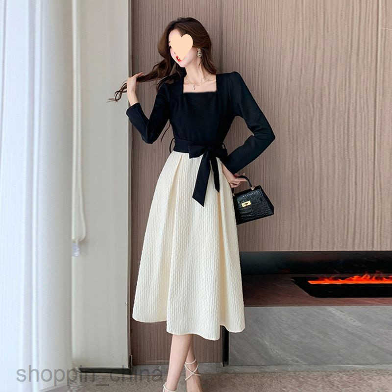 women dresses fashion style contrasting autumn dress for commuting, luxury, niche luxury, elegant and slimming, big skirt display