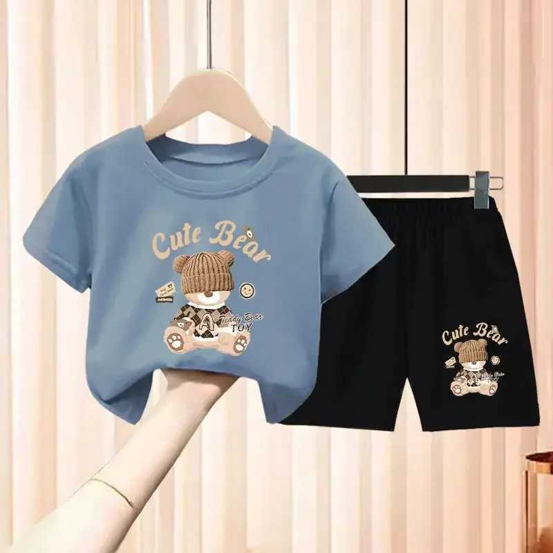 Clothing Sets Baby Girl Summer Short Sleeve Clothes Set Children Boy Cartoon Bear Printed T-shirts and Shorts 2pcs Suit Kid Top Bottom OutfitsY241225J