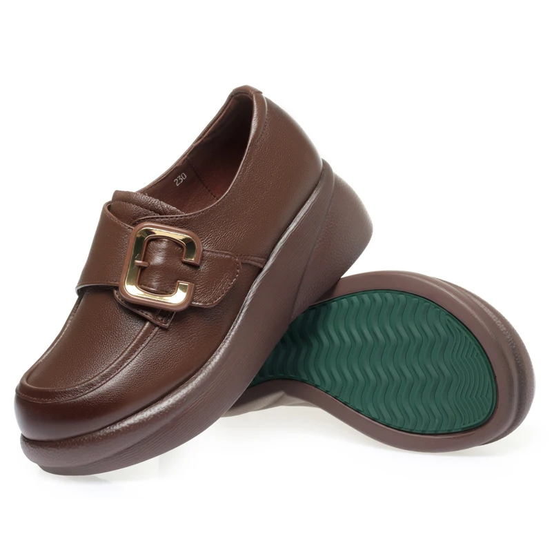 Spring Shoes Female Genuine Leather Platform Round Toe Vintage Women Shoes Large Size Wedge Casual Non-Slip Shoes Women