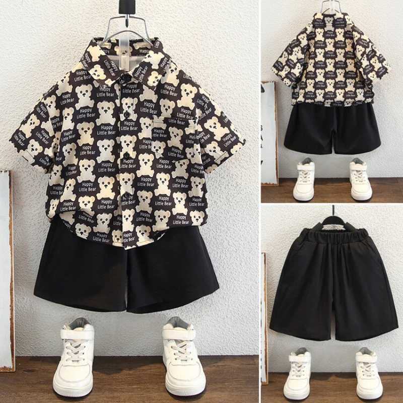 Clothing Sets Summer Children Boy Clothes Set Kid Cartoon Bear Shirts and Shorts 2pcs Suit Fashion Single Breasted Top Black Bottom OutfitsY2412251HDF