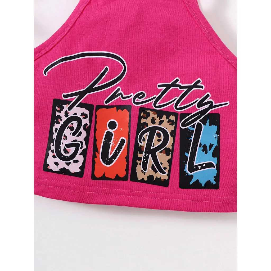 Clothing Sets 2PCS Summer Kids Clothes Girl Hanging Neck Collar Letter Pattern Top+Short Skirt Fashion Korean Style Costume for Girl 4-7 YearsY241225F
