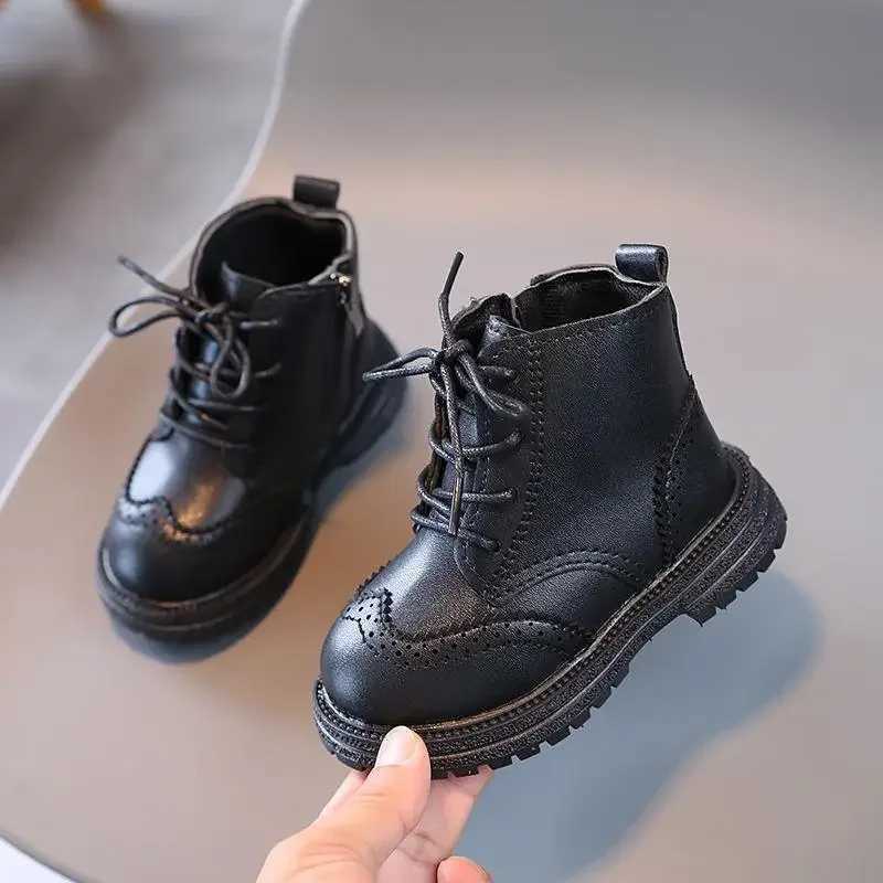 Athletic Outdoor Children Winter Boots Lace Up Side Zipper High Top Shoes Non-slip PU Leather Boots Kids Thick Sole Waterproof Hiking Snow Shoes H2412