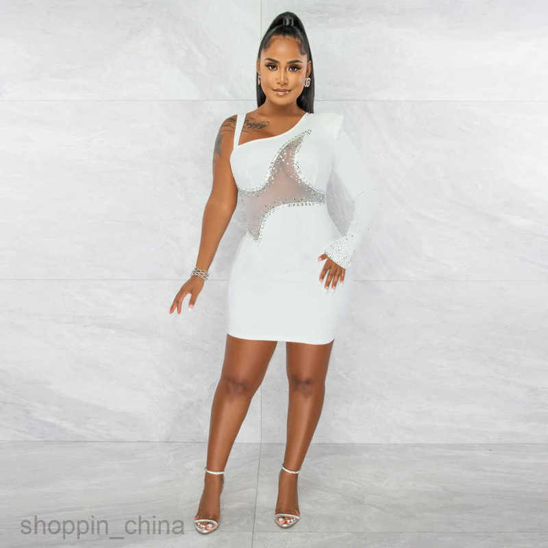 women dresses fashion one shoulder long sleeve perspective mesh stitched straight cloth hot drill buttock dress women