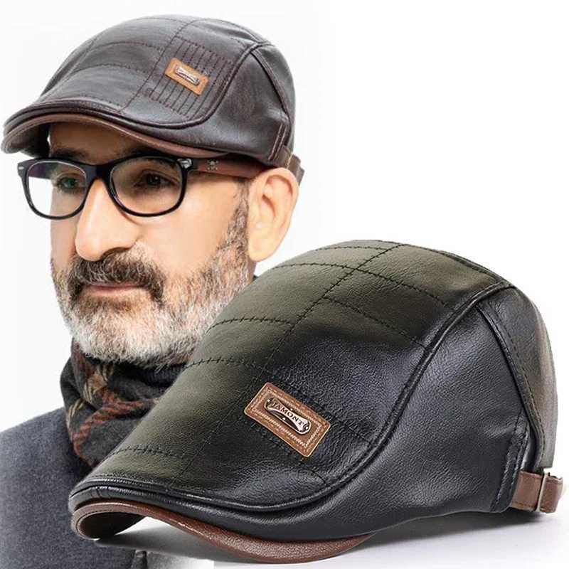 Mens fashion retro PU leather beret autumn winter warm beret middle-aged and elderly mens lining warm flat leather hat adjustable W241225