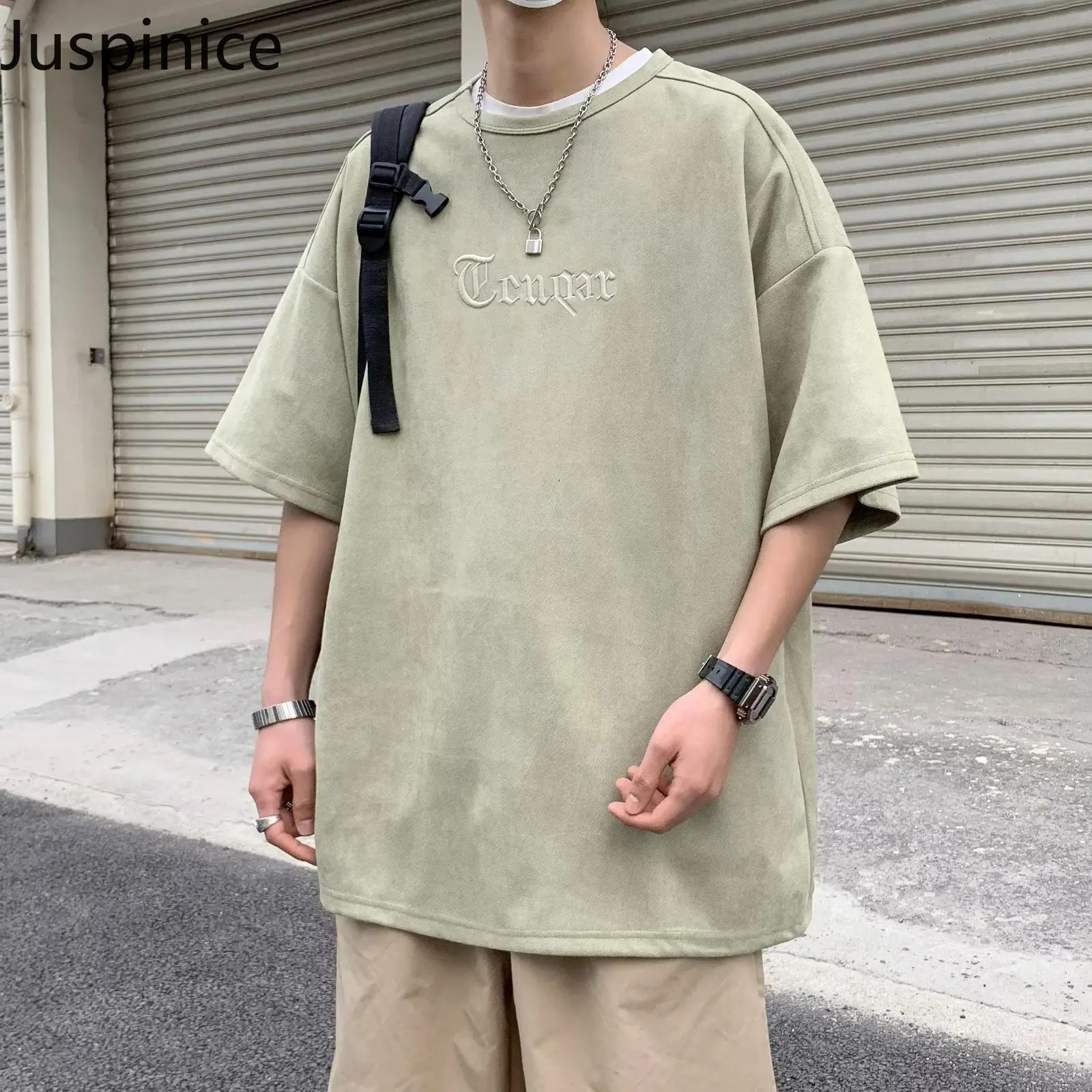 American Retro Embroidery Oversize Short-sleeved T-shirt Mens Summer Suede Loose Casual High Street Tops Shirts Male Clothes 241224