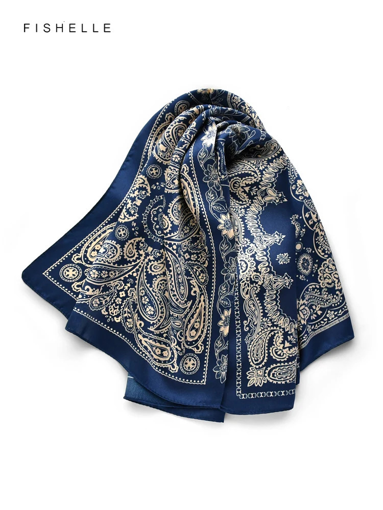 Navy blue Paisley faux natural silk scarves small square scarf hijab shawl gift headband 65cm men women wrap neckerchief 241225