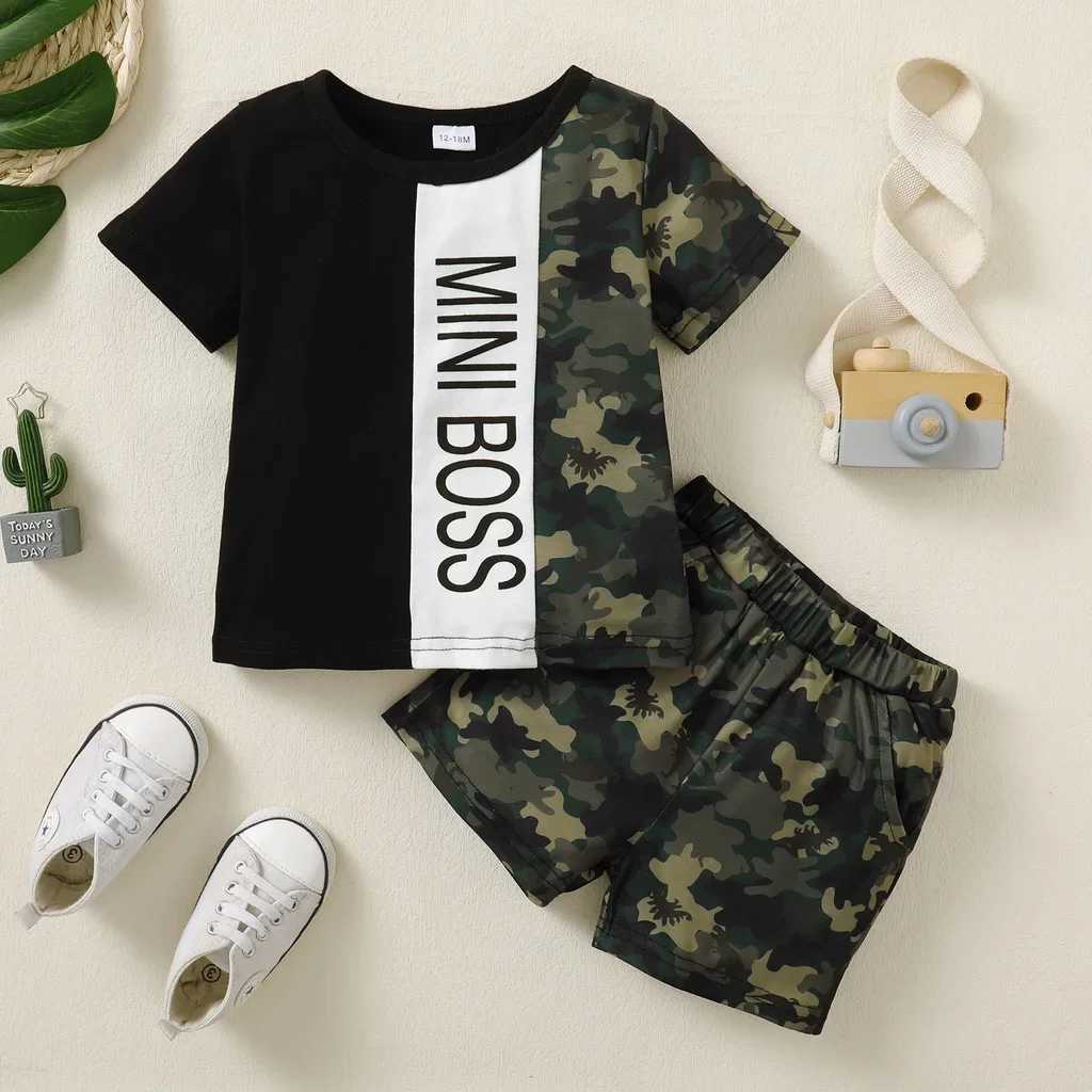 Clothing Sets Children boys Clothes Set Letter Short Sleeved Top+Camouflage Shorts Fashion Cool Equipment for Summer Wear Kids for 1-5 YearsY241225TPS