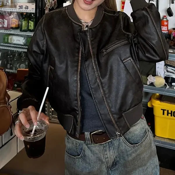 American Vintage Short Motorcycle Leather Jacket Women Clothing Autumn Retro Streetwear Loose Casual Brown Coat Tops 241223