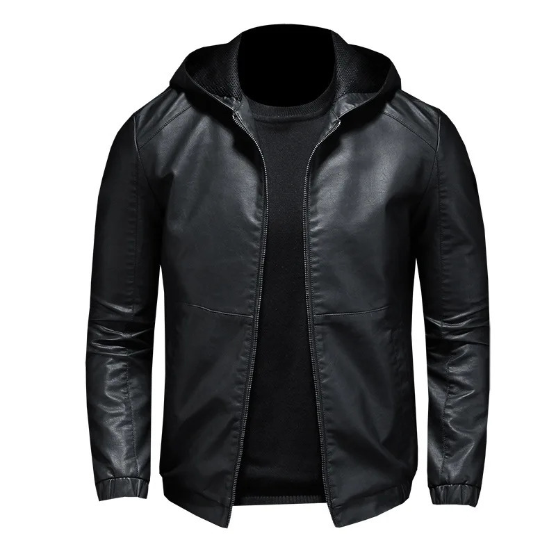 Leather mens autumn slim fit Korean version handmade hooded motorcycle jacket mens coat trend 241224