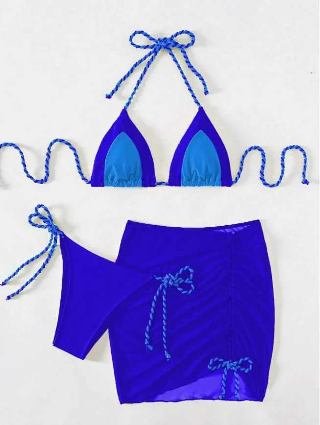 New 3-piece swimsuit womens thong swimsuit sexy striped bikini with sarong drag skiing beach swimsuit yellow greenW241225