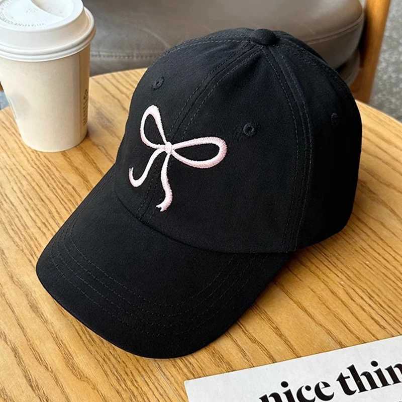 Korean Bow Baseball Hat Womens Y2K Pink Bow Embroidered Snap Cap Summer Adjustable Soft Top Foot Cap W241225