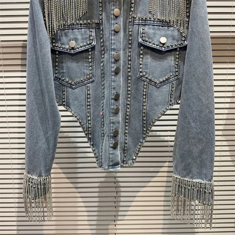 Streetwear Patchwork Denim Jacket Women Fashion Lapel Tassels Long Sleeve Loose Jean Coats Female Outerwear 241223