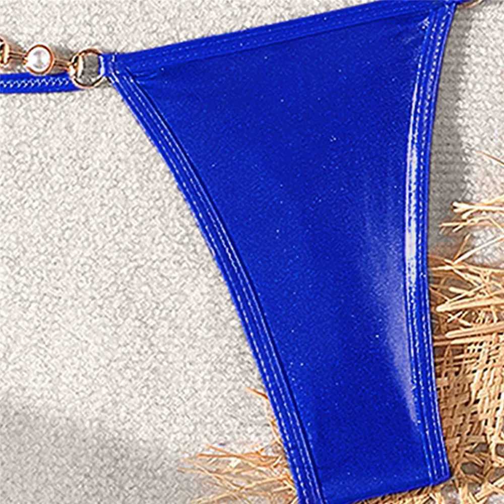 Blue bright surface swimsuit suspender bead triangle mini bikini unprinted high-quality sexy swimsuit womens bead swimsuit bikini setW241225