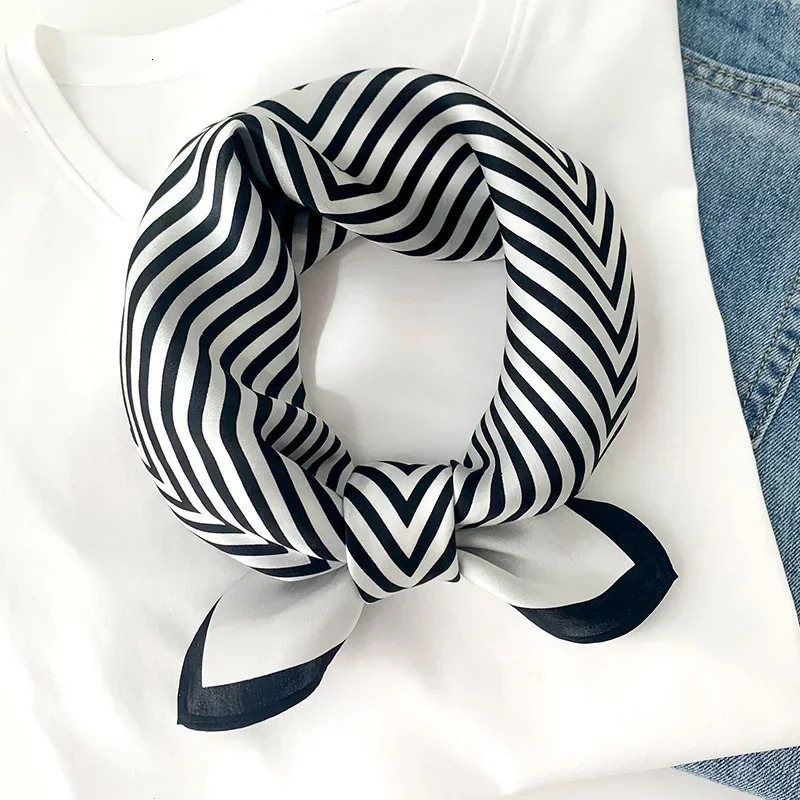Black White Striped Neck Scarf Woman faux Natural Silk Bandana Foulard Femme Soft Small Square Neckerchief SD0085 241225