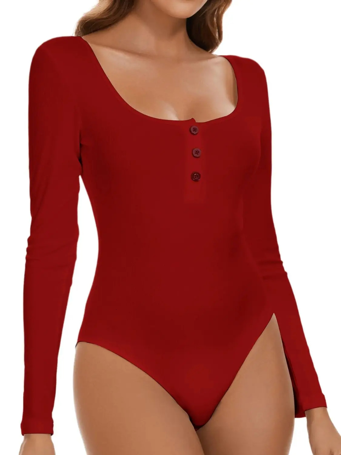 U Neck Long Sleeve Bodysuit Fashion Thong Threaded with Buttons Sexy Solid Color Autumn Winter Streetwear Female in 241225