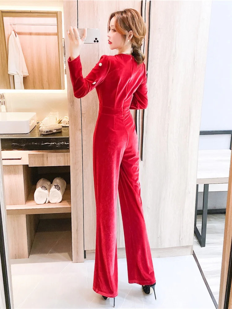 HMA Autumn Winter Button Decoration Velvet Jumpsuit Womens Slimming Waist Temperament Rompers 241224