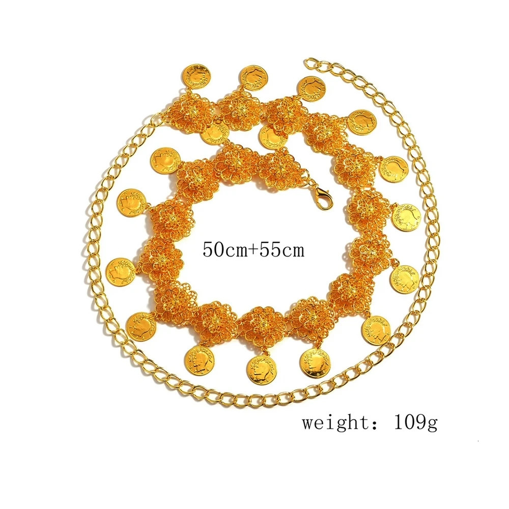 Fashion Waistband Jewelry Afghan Gold Color Metal Hollow Flower Coin Tassel Waist Chain Skirt Accessories Belt 241225