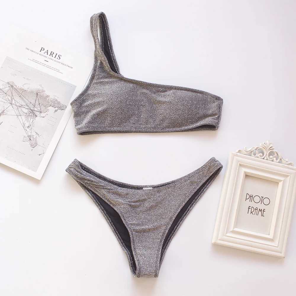 Sexy womens high waisted bikini set one shoulder sparkling womens 2-piece swimsuit swimsuit womens sparkling vacation beach suitW241225