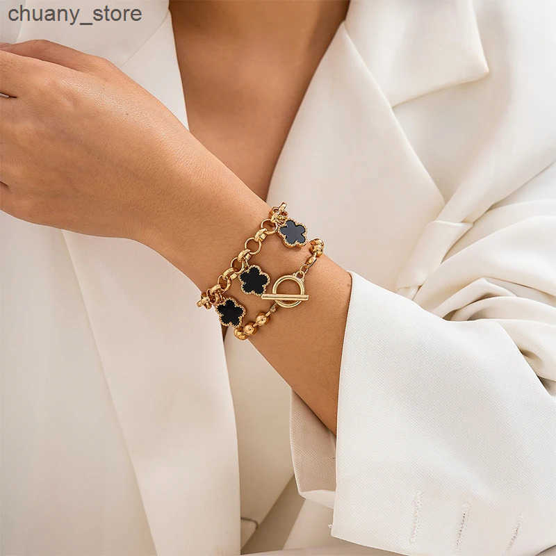 Chain Trendy Geometric Link Chain Set For Women Rhinestones Gold Color Five leaf flower clover Pendant Open Cuff Bangle Girls L240910