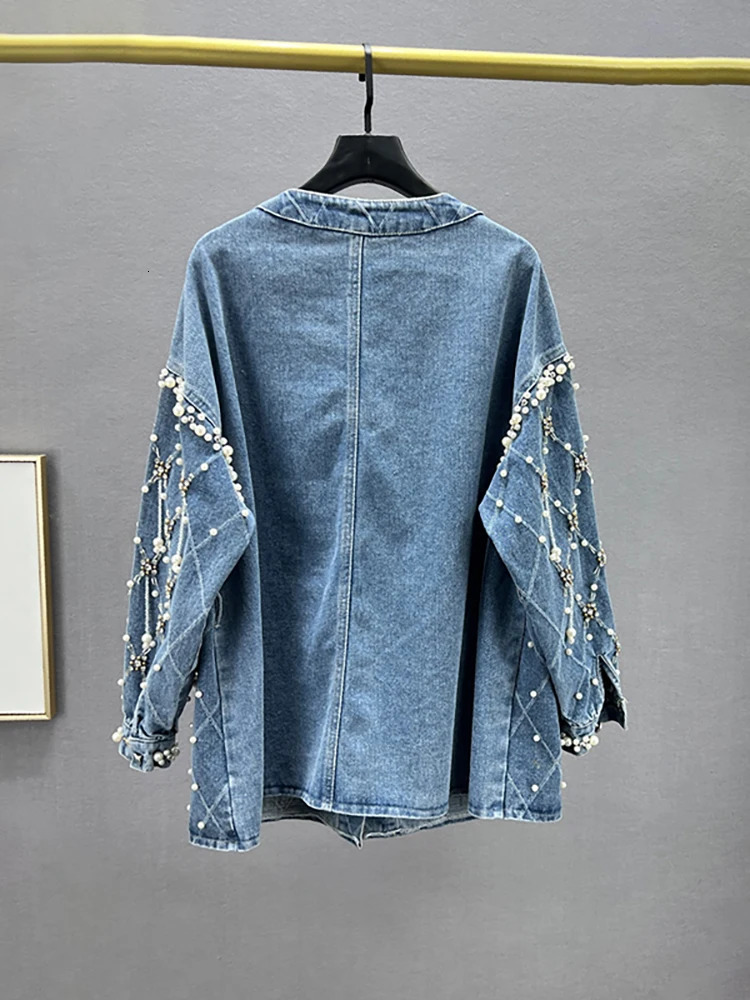 DEAT Womens Denim Coat Nail Drill Pearls Pendant Plaid O-neck Single Breasted Elegant Jackets 2025 Spring Fashion 29L7246 241223