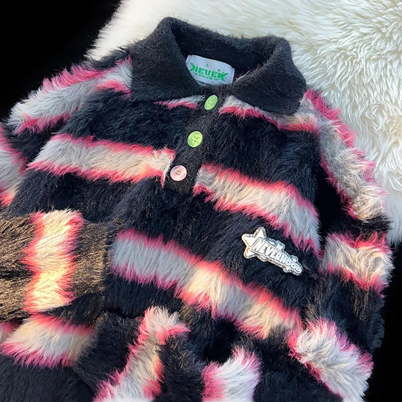 Mohair Sweater Y2K Streetwear Striped Hip Hop Men Long Sleeve Pullovers Outwear Man Sweaters Loose Knitting Clothing 241225