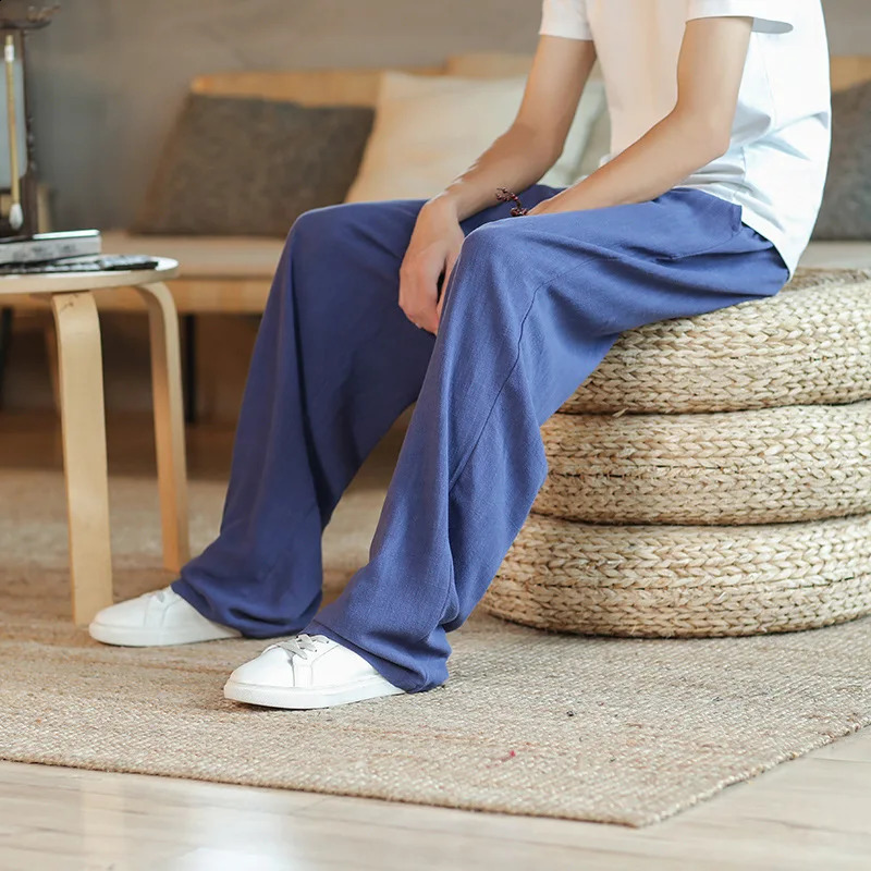 Chinese style linen mens loose cotton linen straight leg pants mens linen casual pants 241219