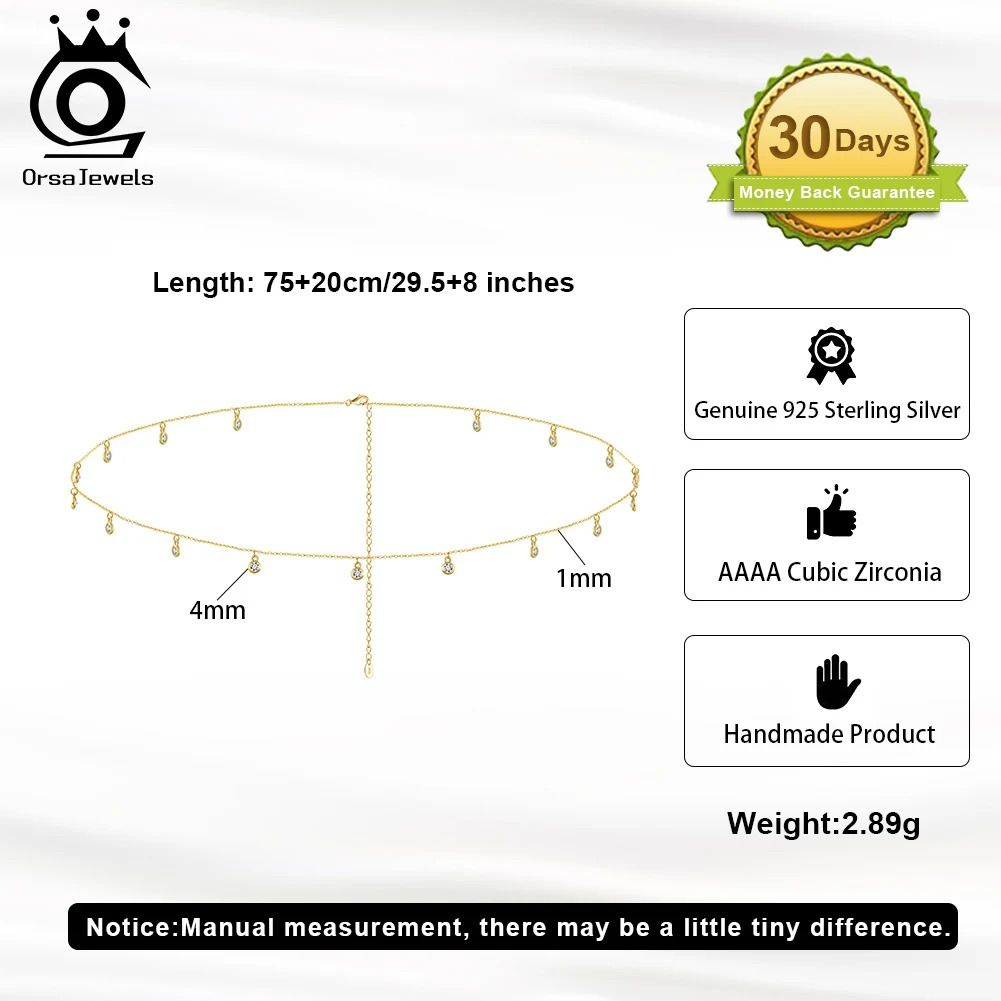 ORSA JEWELS Vintage 925 Silver Round CZ Waist Chain for Women Summer Beach Bikinis Fashion Body Chain Festival Accessories CW01 241225