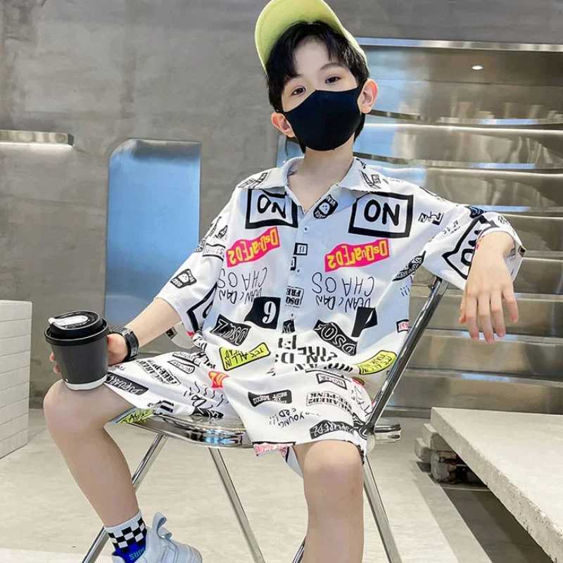 Clothing Sets Summer Teenage Boy Clothes Set Children Fashion Single Breasted Short Sleeve Shirt Top and Shorts Bottom 2pcs Suit Beach WearY2412253OMQ